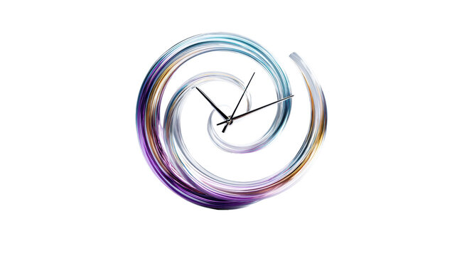Abstract spiral glass clock with iridescent gradient ring and black hands isolated