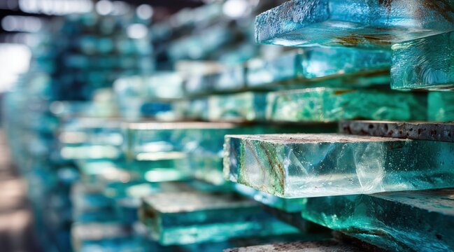 Stacked thick industrial glass blocks in factory storage
