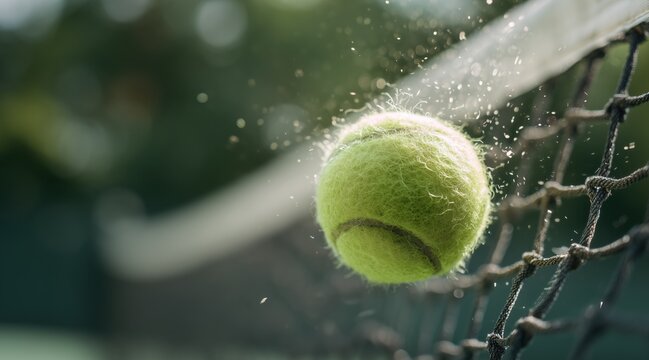 Close up of fuzzy tennis ball hitting net with water droplets in air