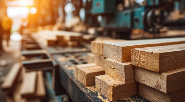Wooden lumber planks stacked on workbench in carpentry workshop