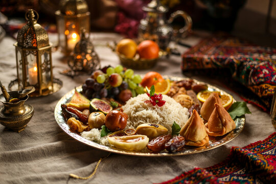 Traditional iftar meal served on a decorative platter for ramadan