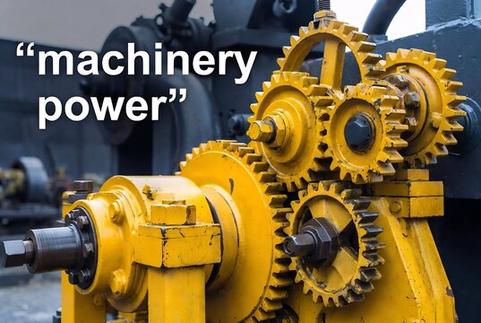 Yellow industrial gears and machinery are visible in a factory or workshop setting.