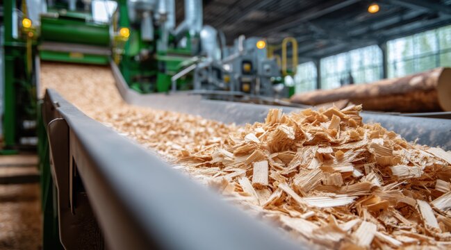 Wood chips moving on conveyor belt in sawmill industrial processing facility
