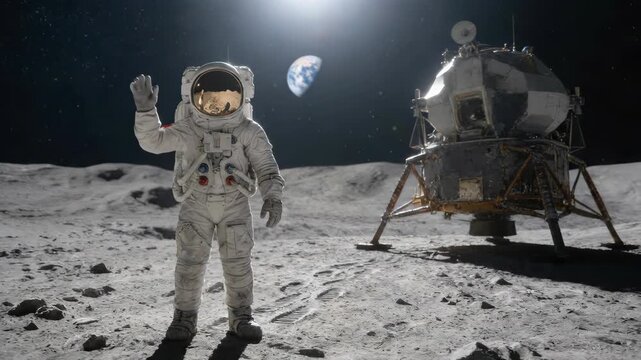 Astronaut on lunar surface greets viewers beside parked lunar module. Earth appears above horizon in dramatic space scene.