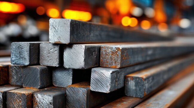 Stacked square steel billets in industrial manufacturing plant