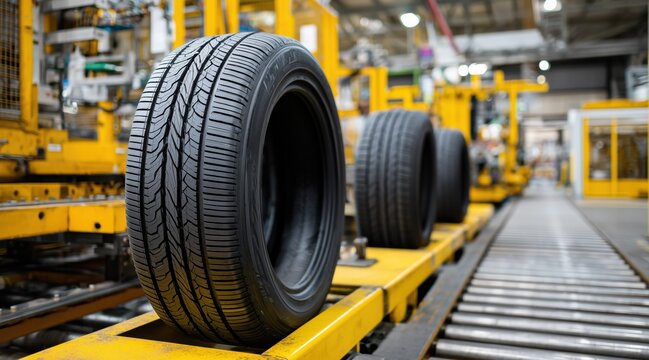 New car tires on production line in automotive manufacturing plant