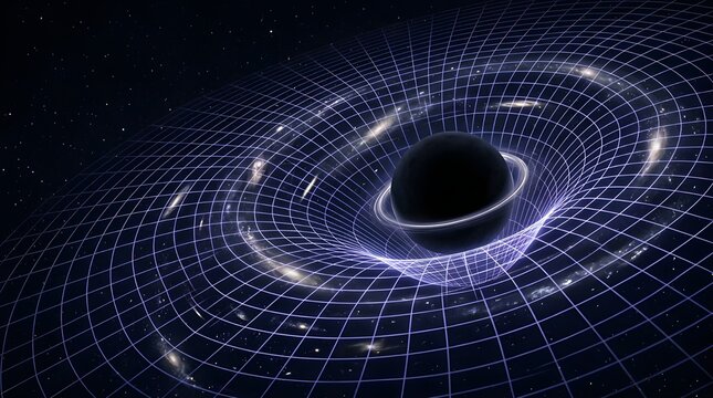 Dark Matter Black Hole in Deep Space with Spacetime Grid Distortion, Gravitational Well Concept with Distant Galaxies and Glowing Event Horizon, Educational Science and Astronomy Visual