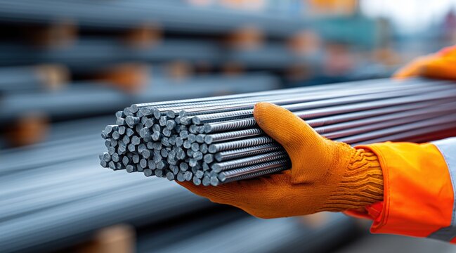 Worker holding bundle of steel reinforcement bars in industrial warehouse