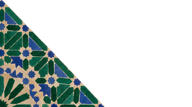 Moroccan mosaic zellige tile corner element, transparent background