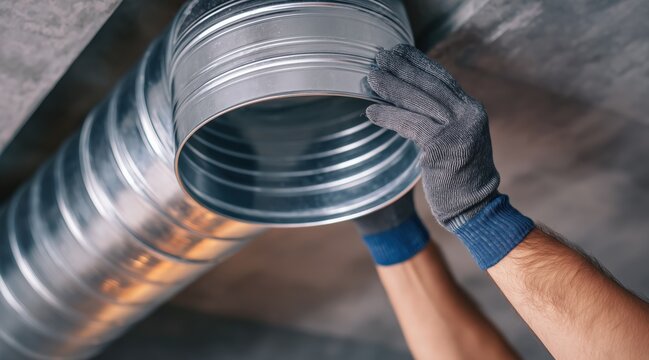 Person in work gloves installing metal ventilation duct
