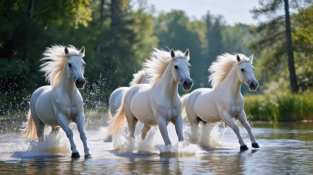 White horses galloping in water
