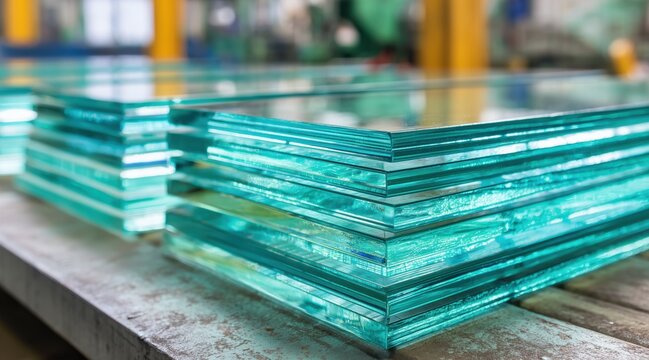 Stacked thick glass sheets in industrial factory workshop
