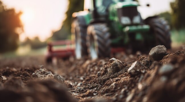close up of freshly tilled soil with tractor in background during sunset