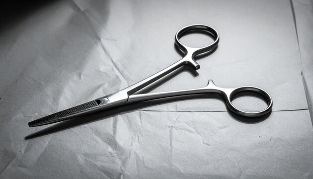 Surgical Hemostat on Sterile Field - A Close-Up in Black and White.