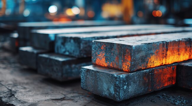 Glowing hot steel billets in industrial factory