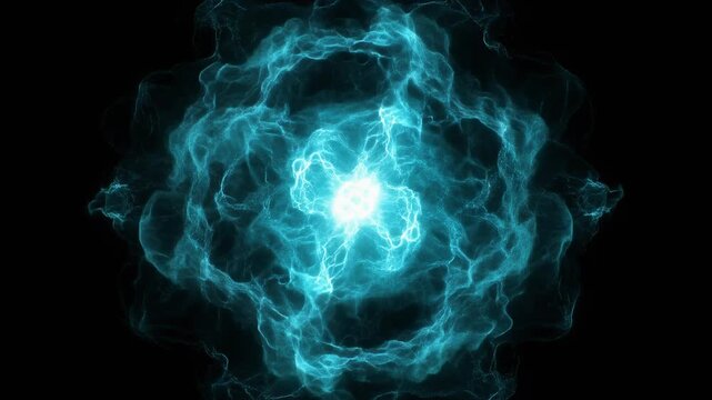 Abstract Blue Energy Orb Pulsating and Expanding on Black Background.