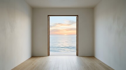Fototapeta premium Bright Minimalist Empty Interior with Open Door to Sunset Ocean Beach View, Light Wood Floor and White Walls, Concept of Serenity, Wellness, Real Estate Property and Tropical Luxury Living