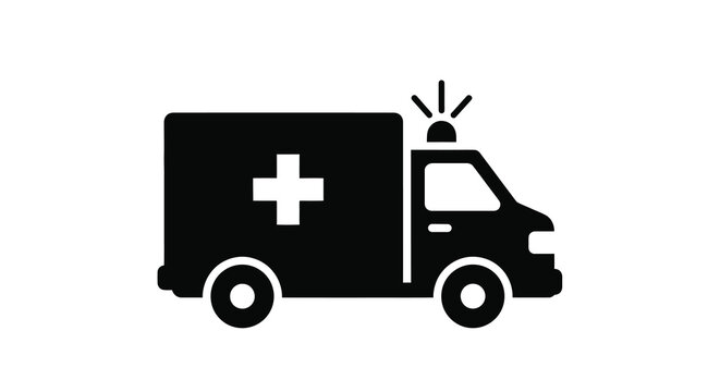 Simple black silhouette of an ambulance vehicle with a medical cross