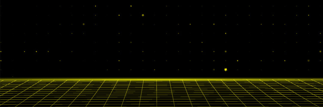 Retro cyberpunk style 80s game scene pixel art 8-bit sci-fi background. glowing neon grid and stars from vintage arcade computer games.