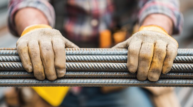 Worker hands in protective gloves holding bundle of steel reinforcing bars