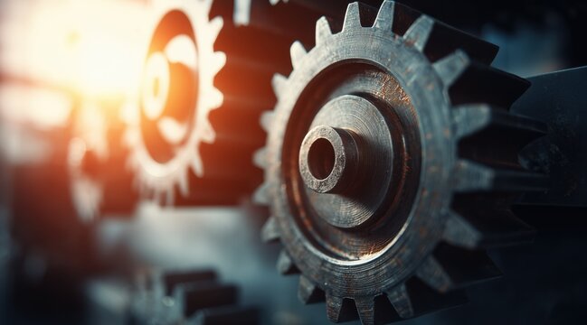 Industrial metal gears and cogs in mechanical system with warm light