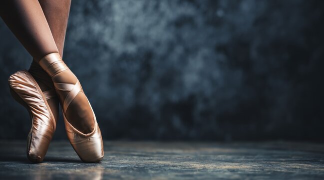 Ballerina feet in satin pointe shoes standing on toes against dark textured background
