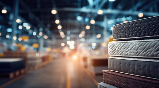 Stack of mattresses in blurred furniture warehouse showroom