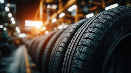 Fototapeta premium Row of new car tires in industrial warehouse with bright lights
