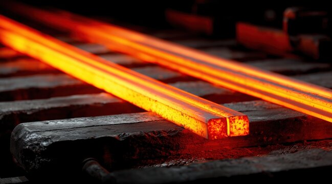 Glowing hot metal billets on industrial conveyor in steel mill