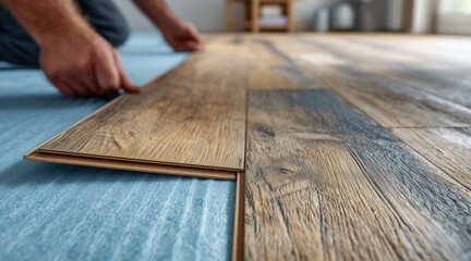 Fototapeta premium Man installing wooden laminate flooring over blue underlayment