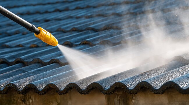 High pressure washer cleaning corrugated roof with water spray