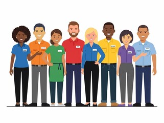 Fototapeta premium Diverse Group of Service Workers Standing Together in Uniform Flat Vector Illustration.