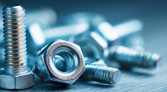 Metallic bolts and hex nuts on steel surface