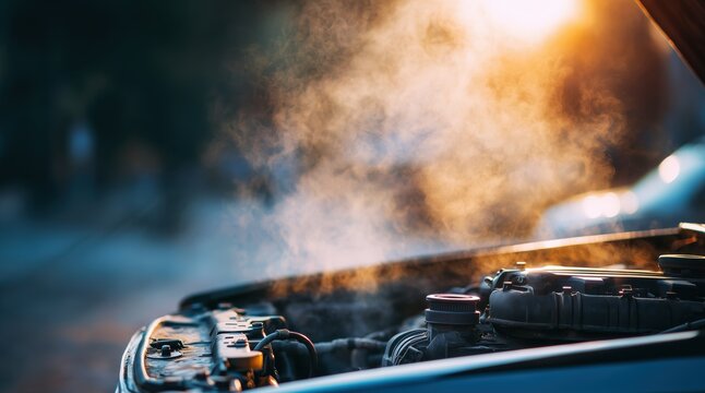 Steam rising from overheating car engine under open hood at sunset