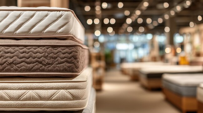 Stacked mattresses with various textures in furniture store showroom
