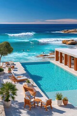 Fototapeta premium Luxurious oceanfront pool terrace overlooking surfers, turquoise sea and rocky coastline at a sunny resort