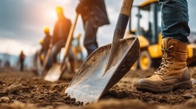 Shovel and work boot on ground with construction workers and excavator in background
