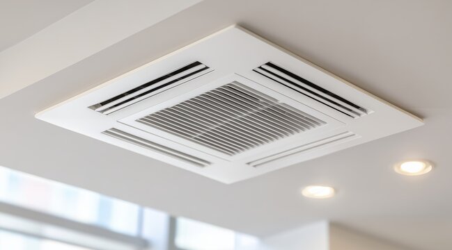 White cassette air conditioner unit mounted on ceiling