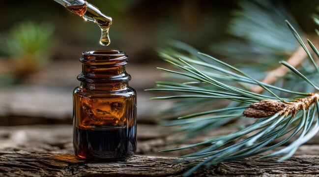 Pine essential oil in amber glass bottle with dropper on wooden background