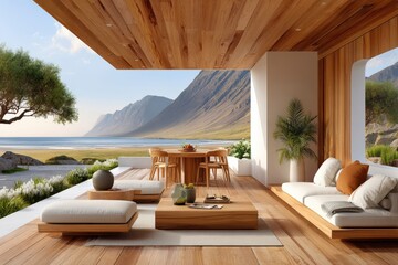 Obraz premium Wooden terrace with outdoor dining and seating overlooking coastal mountains and serene sea views