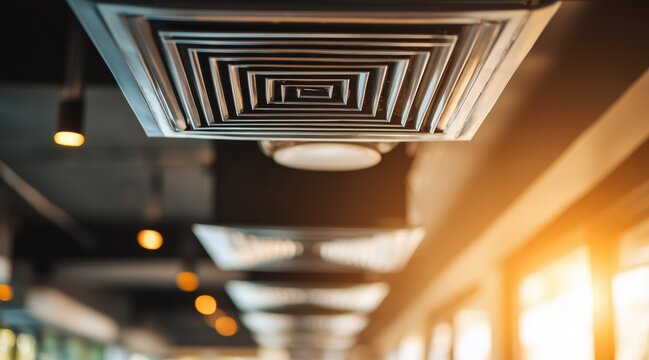 Square air conditioning vents installed on ceiling of modern indoor space