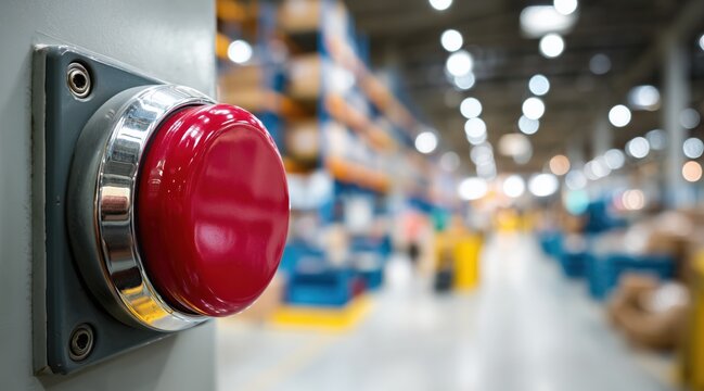 Red emergency push button on control panel in blurred warehouse background