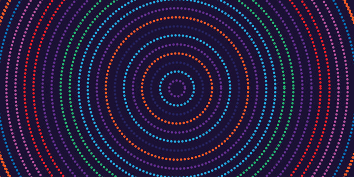 Colorful concentric circles made of small dots on dark background geometric pattern abstract design circular