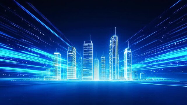 Futuristic city skyline with glowing blue lines