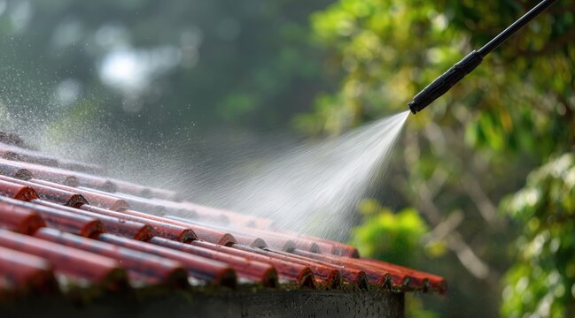 Pressure washing red clay tiles on roof with water spray