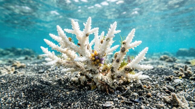 Underwater coral reef ecosystem with bleached white coral and marine life.
