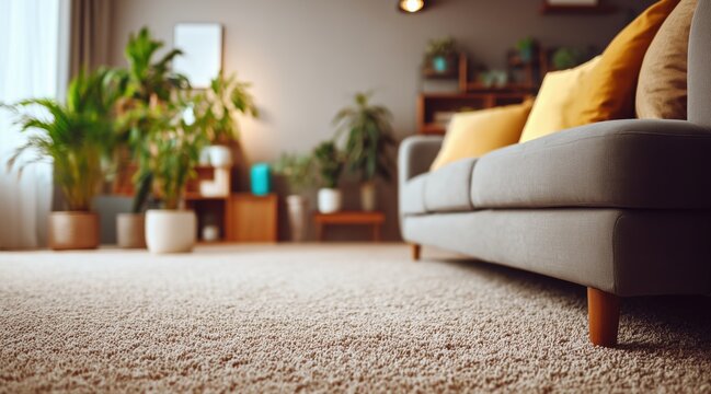 Low angle view of beige carpet in cozy living room with gray sofa and indoor plants