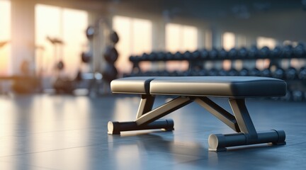 Fototapeta premium Black weight bench in modern gym with dumbbell rack and sunset light