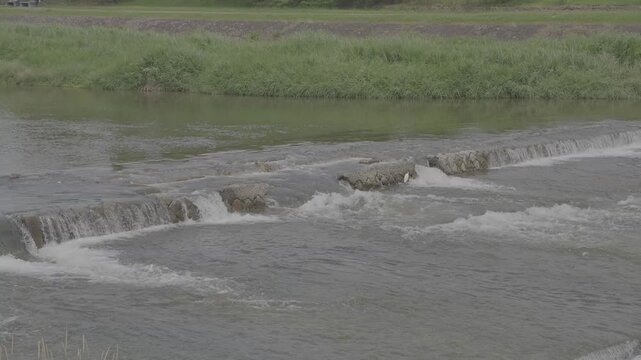 晴れの日の広い川の堰を流れる水面/The surface of water flowing over a weir on a wide river on a sunny day