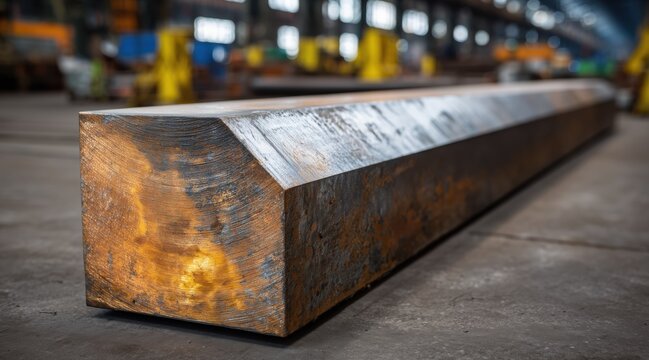 Heavy steel billet on floor in industrial plant